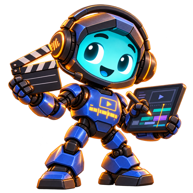 Robot editor con claqueta y línea de tiempo